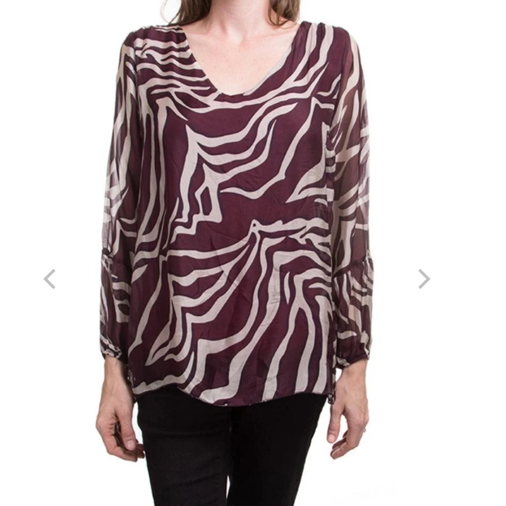 Silk Italian zebra print brown white long sleeve flowy blouse lightweight top‎